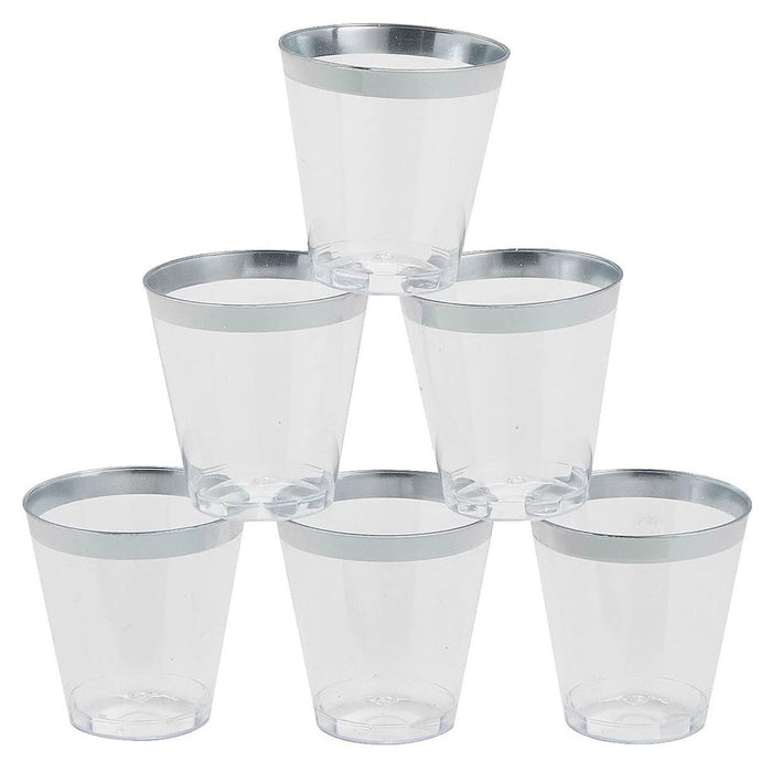 24 Pack Rim Plastic Shot Glasses 1 oz Clear Silver Disposable Party Cups Tasting