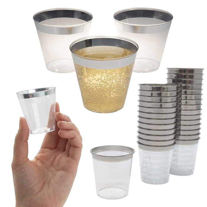 120 Pc Silver Rim Shot Glasses Hard Plastic Disposable Mini Dessert Cups 1oz