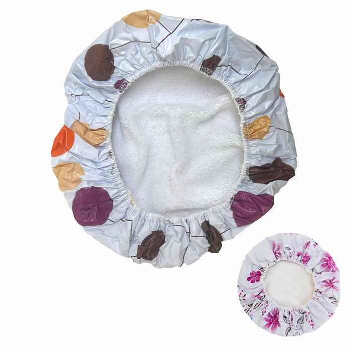 2 Pc Kids Teens Terry Cloth Lined Shower Cap Bouffant Pouch Bath Hat Hair Drying