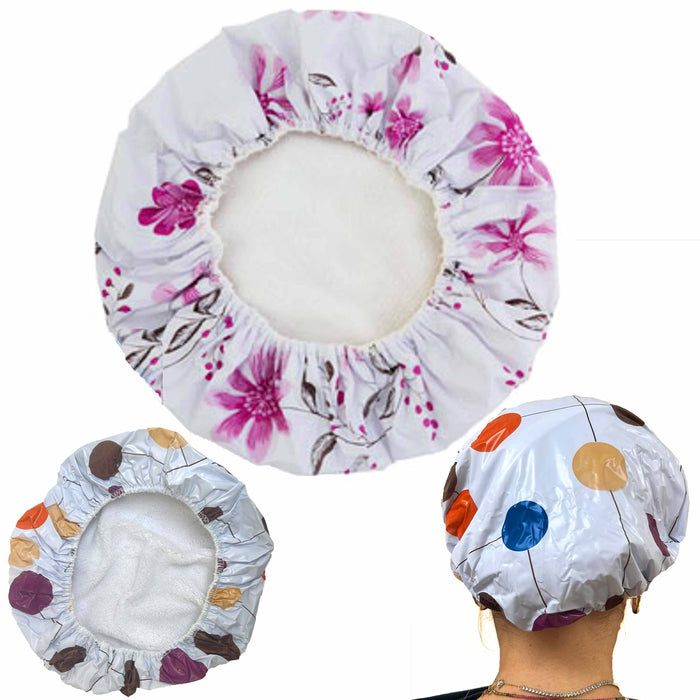 2 Pc Kids Teens Terry Cloth Lined Shower Cap Bouffant Pouch Bath Hat Hair Drying
