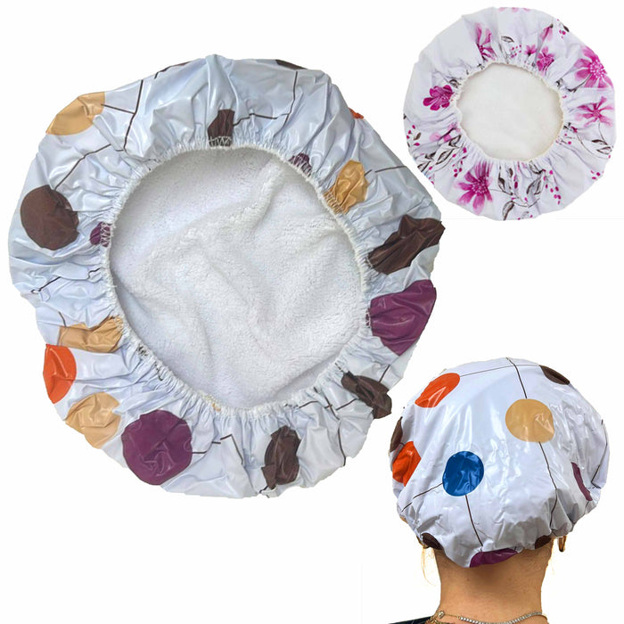 4 Pc Shower Cap Kids Teen Terry Lining Hair Drying Bouffant Pouch Bath Hat Spa