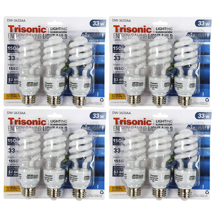 12 PC Daylight Bulb Light 33 W Energy 150 Watt Output White Compact Fluorescent