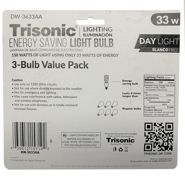 3 Pack Daylight Bulb Light 33 W Energy 150 Watt Output White Compact Fluorescent