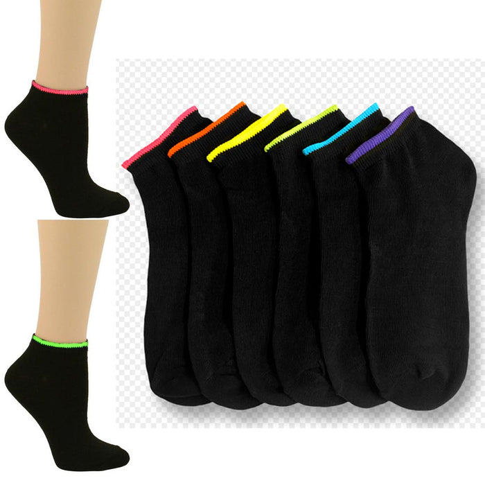 12 Pair Girls Ankle Sports Socks Low Cut Black Neon Color Casual Sport Run 9-11