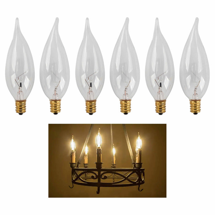 6 X 40W 120V Clear Light Bulbs Candelabra Base Chandelier Candle Shape Flame Tip