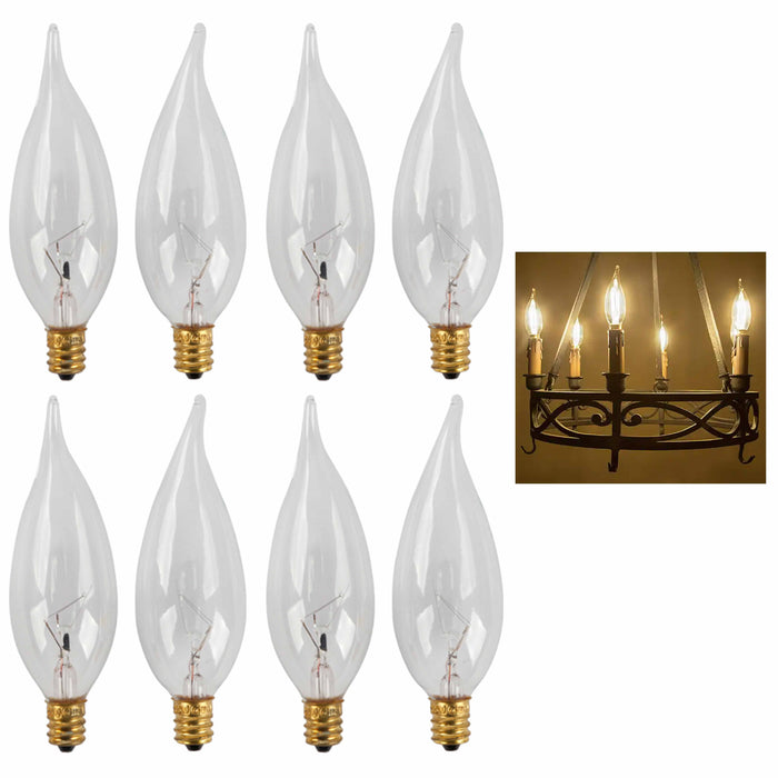 8 Pc Light Bulbs Candle Candelabra Base 40W 120V Lamp Chandelier Flame Tip Clear