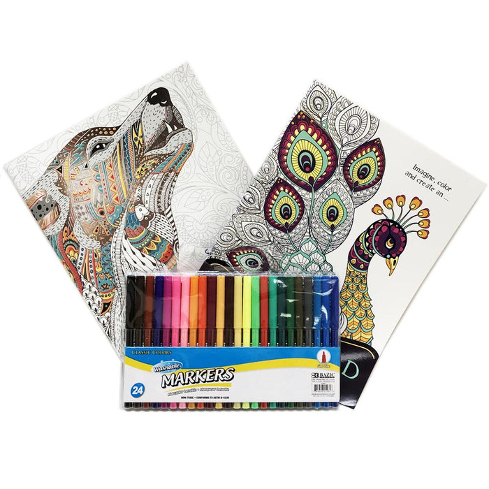 26 PC Mandala Coloring Book Markers Set Stress Relieving Animal Designs Drawing