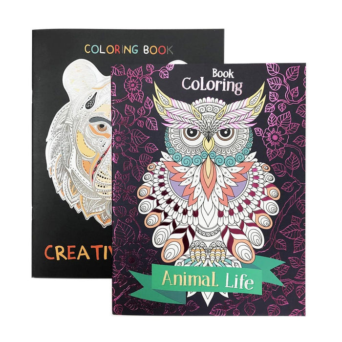 2 Adult Coloring Books Calming Stress Relaxation Relief Animals Mandalas Designs