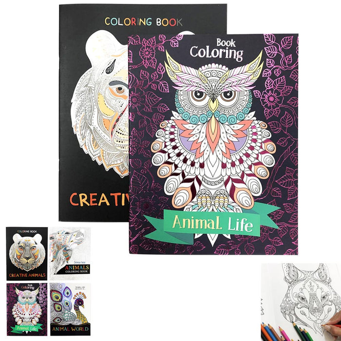 2 Adult Coloring Books Calming Stress Relaxation Relief Animals Mandalas Designs