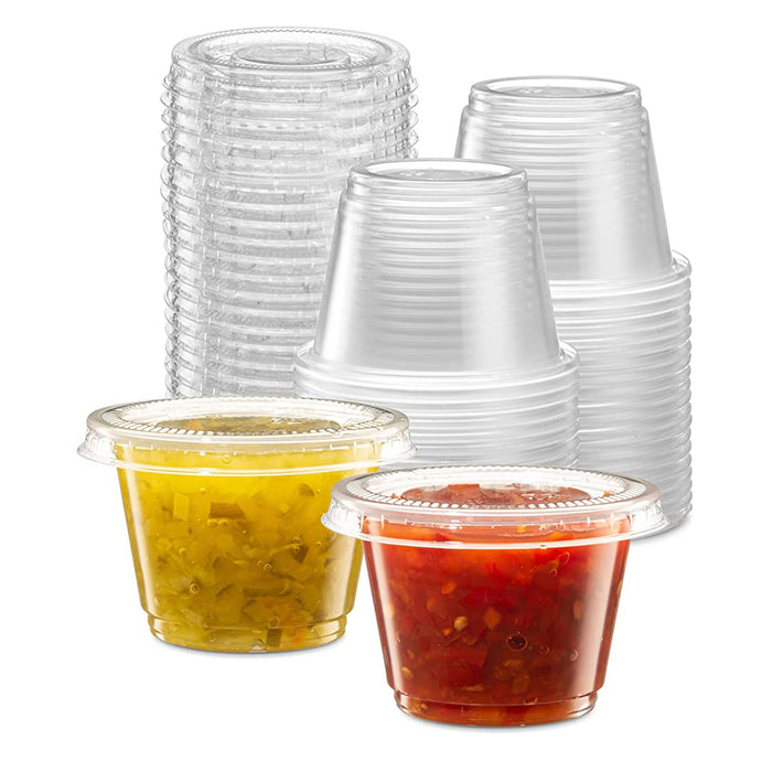 64 Ct Disposable Plastic Mini Cups Lids 2.5oz Condiments Sauce Dressing Portion