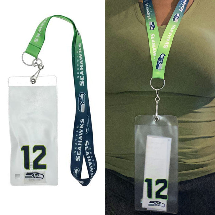 2 Pc NFL Seattle Seahawks Ombre Lanyard 12th Man Ticket Credential Badge Holder