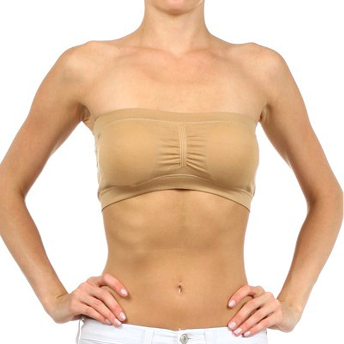 3 Beige Seamless Bandeau Bra Tube Crop Top Spandex Removable Pads Khaki One Size