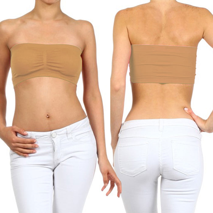 Womens Strapless Padded Bra Bandeau Tube Top Removable Pads Seamless Crop Khaki