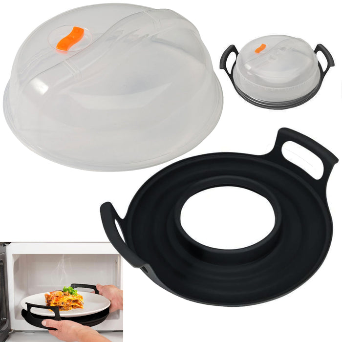 Set of 2 Microwave Plate Cover Adjustable Steam Vents and Plate Caddy Spill Dish