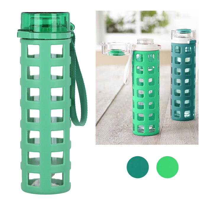 2 Pc Glass Water Bottle 20oz Wide Mouth Tumbler Leakproof Silicone Sleeve Sports
