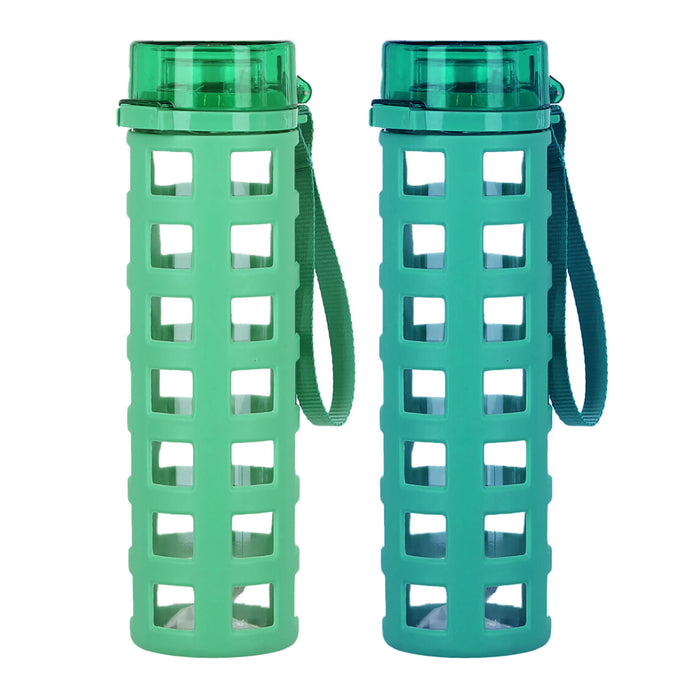 2 Pc Glass Water Bottle 20oz Wide Mouth Tumbler Leakproof Silicone Sleeve Sports