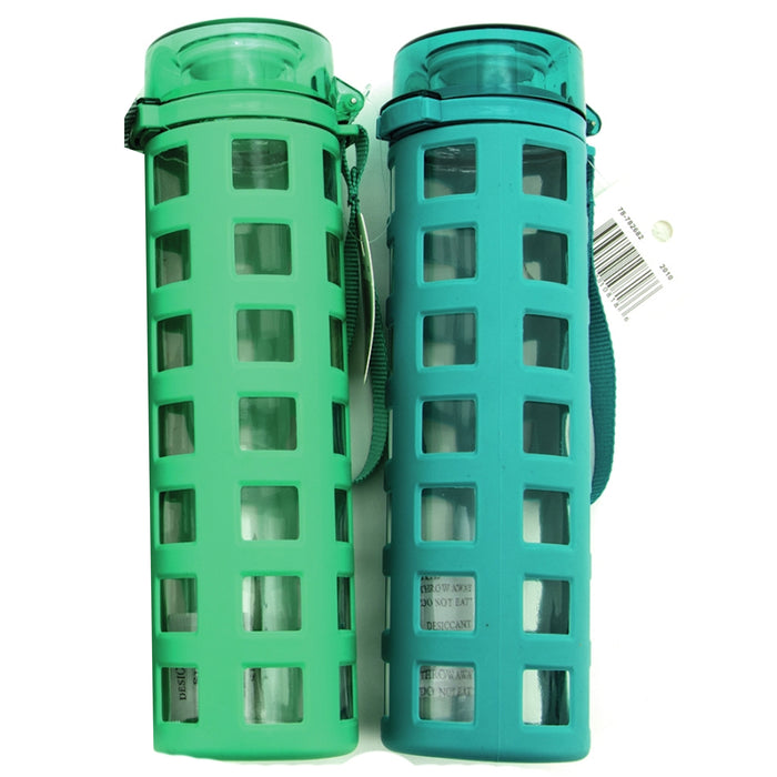2 Pc Glass Water Bottle 20oz Wide Mouth Tumbler Leakproof Silicone Sleeve Sports