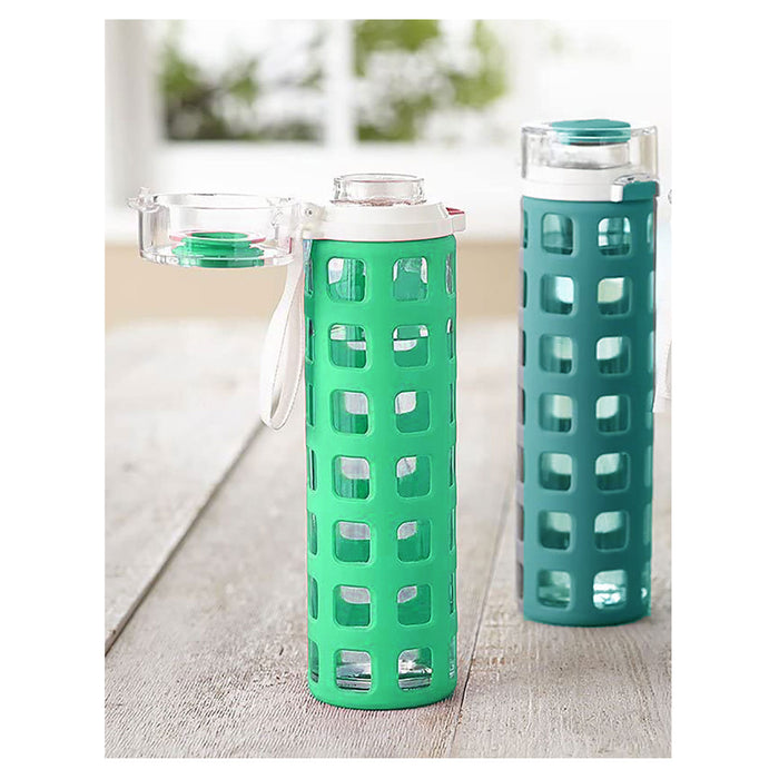 2 Pc Glass Water Bottle 20oz Wide Mouth Tumbler Leakproof Silicone Sleeve Sports