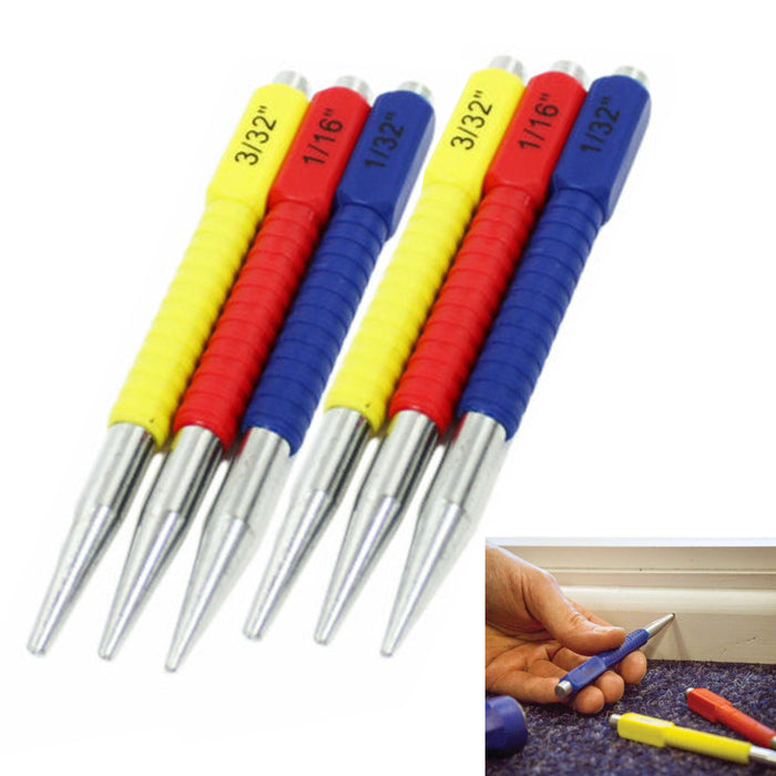 6 Assorted Nail Pin Punch Set Hardened Steel Precision Center Color Coded Tool