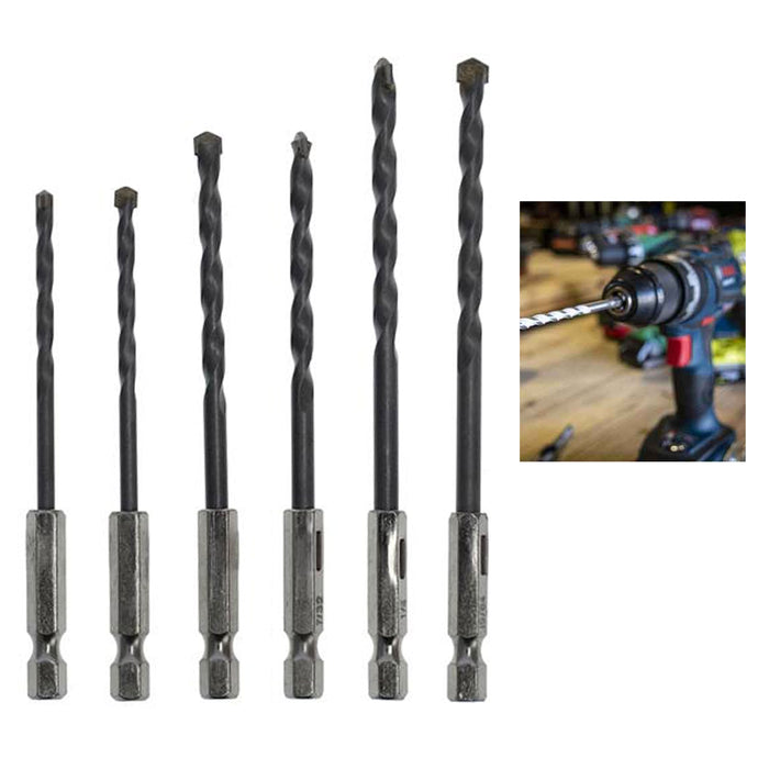 6 Pc Hex Shank Masonry Drill Bit Set Steel 1/4" 5/32" 11/64" 13/64" 7/32" 15/64"