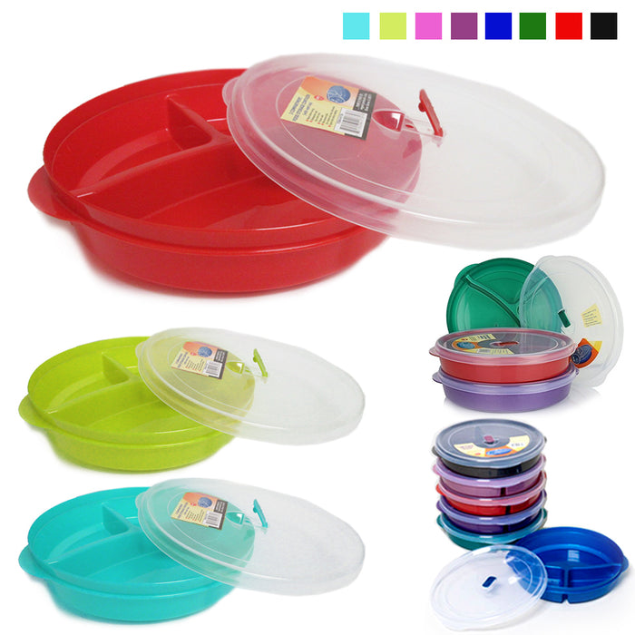 Healthy Portion Control Plate BPA Free 3-Section w Lid Dishwasher Microwave Safe