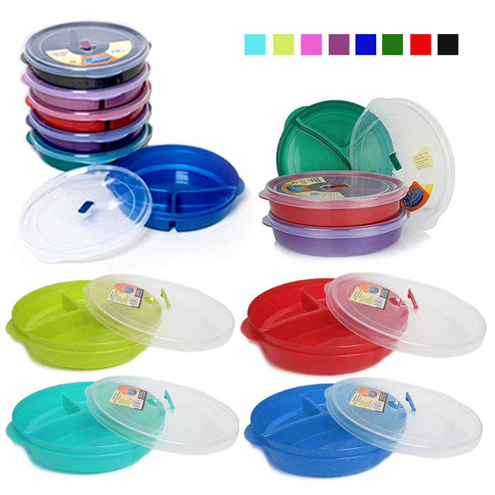 Healthy Portion Control Plate BPA Free 3-Section w Lid Dishwasher Microwave Safe