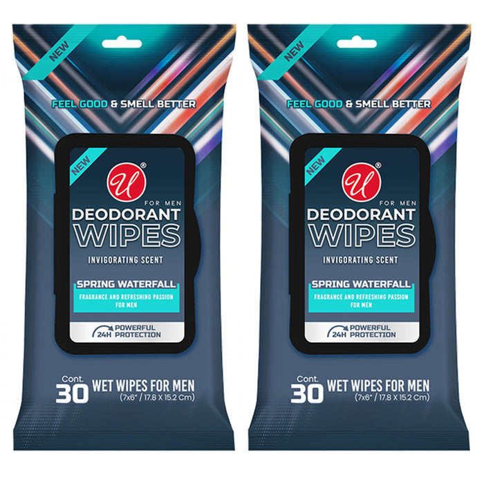 2 Packs Men's Deodorant Wipes Refreshing Moist Hand Cleaning Spring Scent 60 Ct