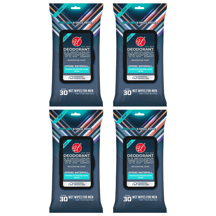 4 Packs Men's Deodorant Wipes Cleaning Towelette Moist Cloth Spring Scent 120 Ct