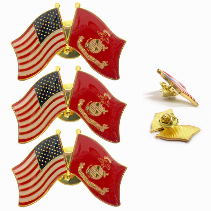 3 Pc Marine Corps American Crossed Flags Lapel Pin Military Veteran US Flag Pins