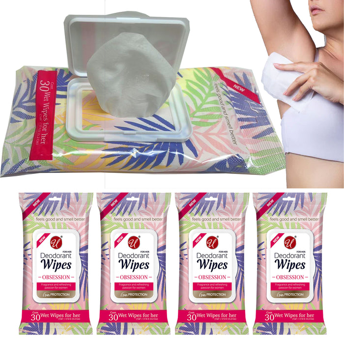 4 Packs Women's Deodorant Wipes Travel Cleansing Cloths Moist Clean Scent 120 Ct