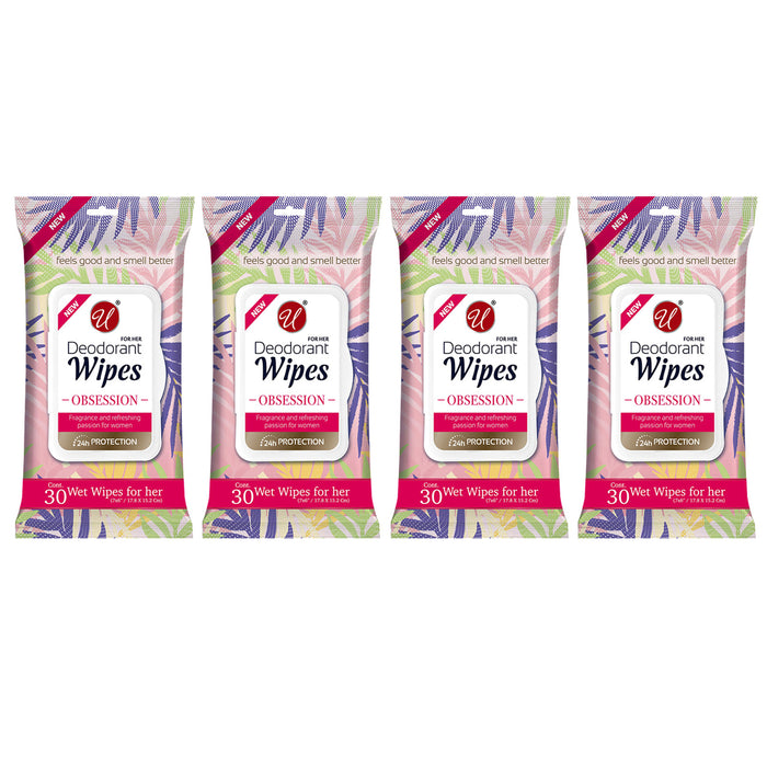 4 Packs Women's Deodorant Wipes Travel Cleansing Cloths Moist Clean Scent 120 Ct