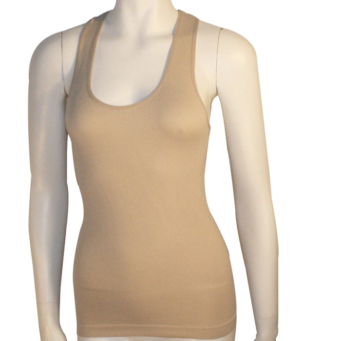 Womens Ribbed Knit Racerback Sleeveless Fitted Basic Work Out Tank Top Shirt Tan