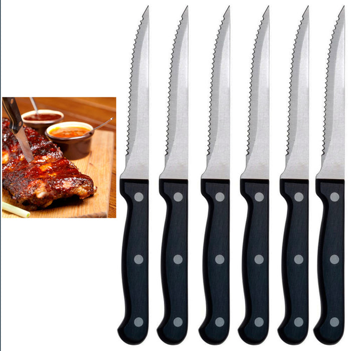 6 Piece Serrated Steak Knife Set Black 8.5" Triple Rivet Spear Point Sharp Chef