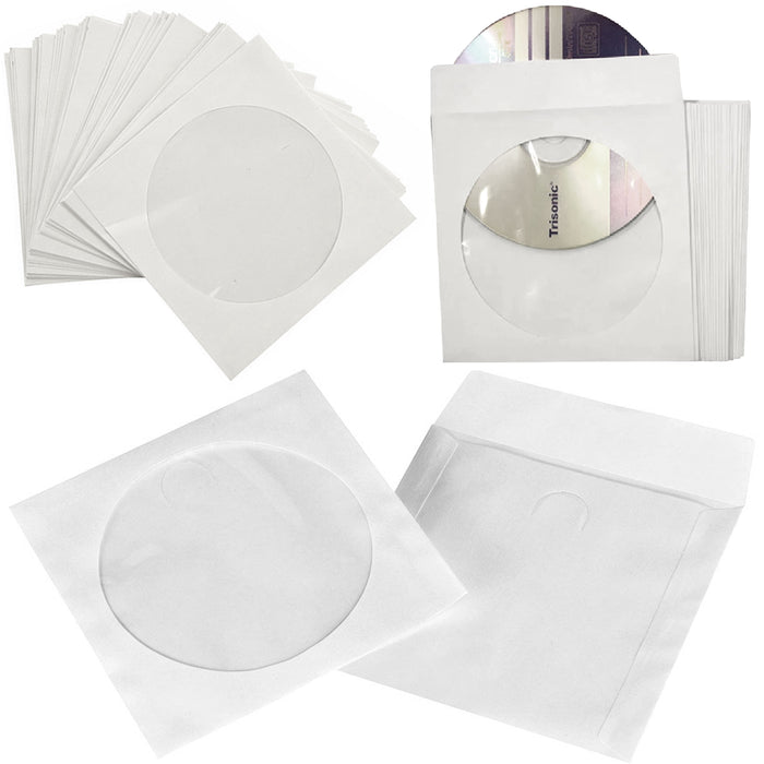 100 Pc Heavy Paper Envelopes Disc CD DVD Sleeves Flap Clear Window Storage White