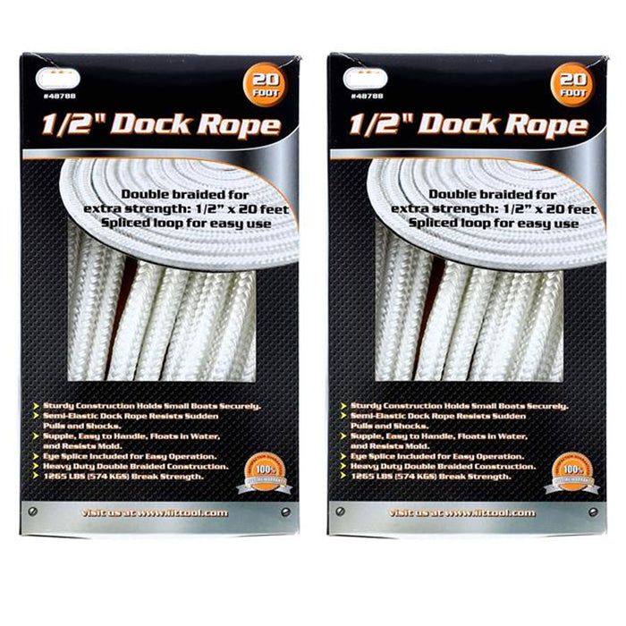 2 Pc White 1/2" 20 Ft Dock Line Double Braided Rope Deck Boat Cord Yacht Anchor