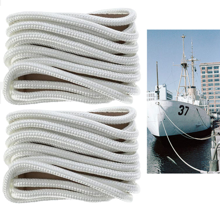 2 Pc White 1/2" 20 Ft Dock Line Double Braided Rope Deck Boat Cord Yacht Anchor