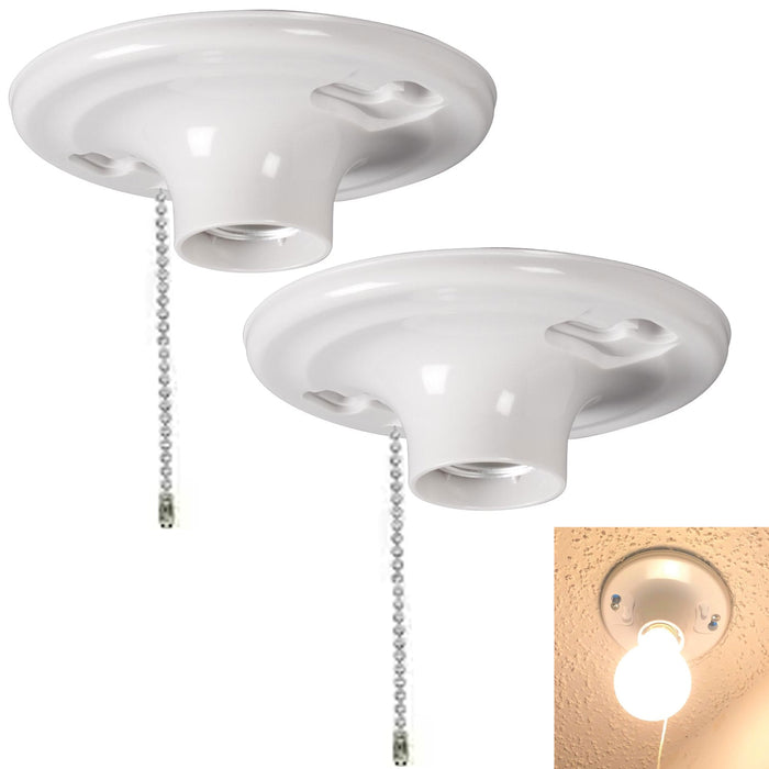 2 Lamp Holder Ceiling Mount Light Bulb Socket Fit Medium Base Pull Chain Fixture