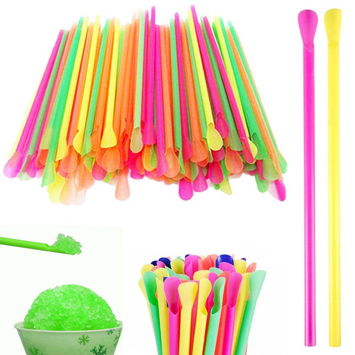 80ct Snow Cone Spoon Straws Multicolor Slush Shaved Icy Smoothie Drinking Party
