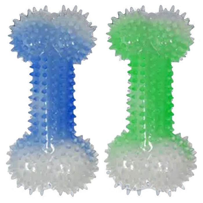2 Large Squeaky Spike Dog Bone Chew Toys Glow In Dark Ball Fetch Pet Play Puppy