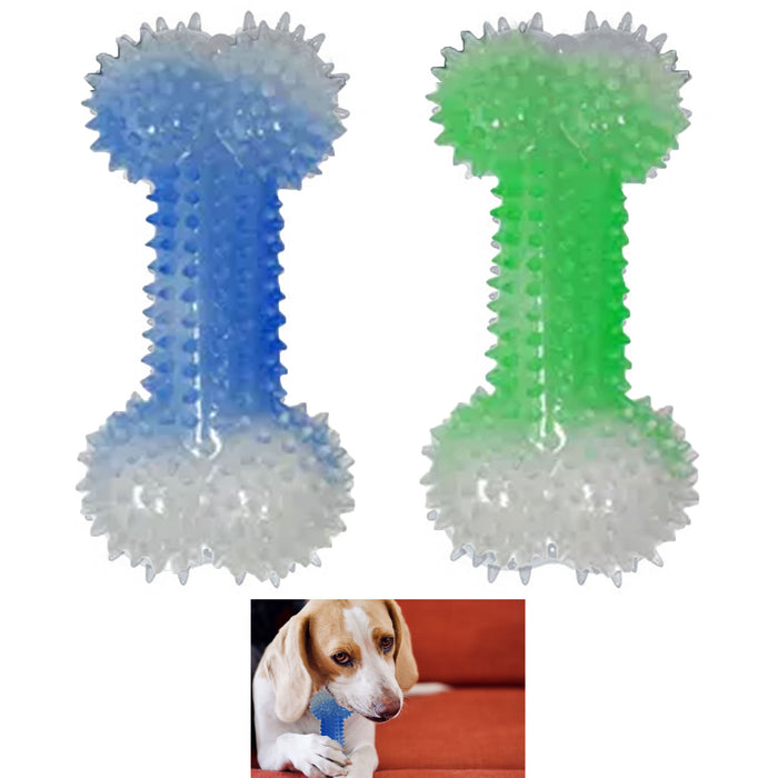 2 Large Squeaky Spike Dog Bone Chew Toys Glow In Dark Ball Fetch Pet Play Puppy
