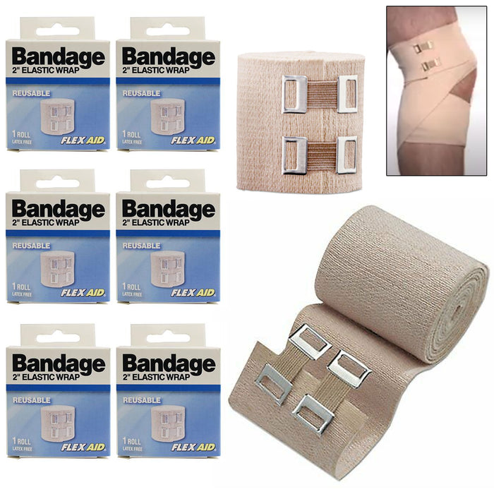 6 Pc First Aid Elastic Bandage Wrap With Metal Clips Ankle Wrist Foot Sports 2"