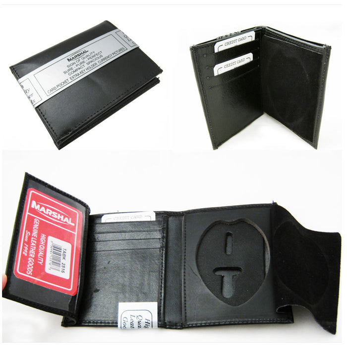 Law Enforcement Wallet Black Genuine Leather Tri-Fold Badge Holder Hidden Police