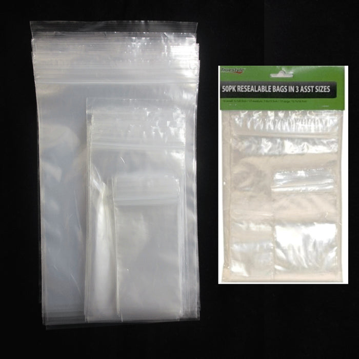 50 Pc Bag Plastic Clear Assorted Size Reclosable Poly Reusable Baggies