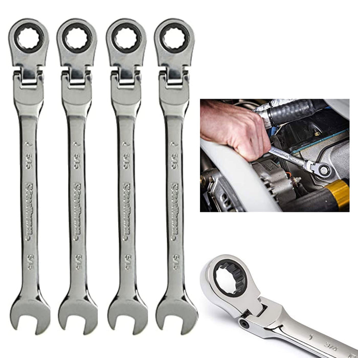 4 Pc 5/16" Flex Head Wrench Ratcheting Pivoting Combination Metric Hand Tools