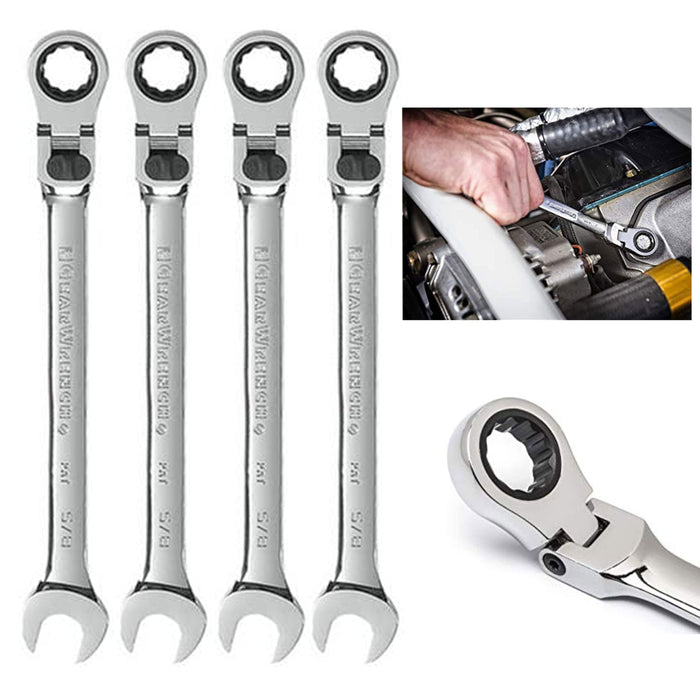 4 Pc 5/8" 12 Point Flex Head Combination Ratcheting Wrench Flexible Ratchet Tool