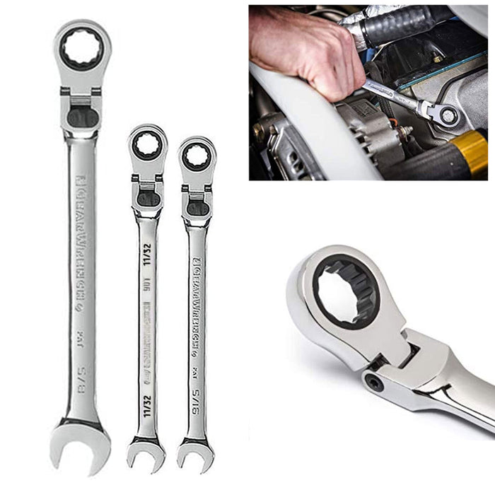 3 Pc Flex Head Ratchet Wrench 5/16" 11/32" 5/8" Combination Ratcheting Flexible