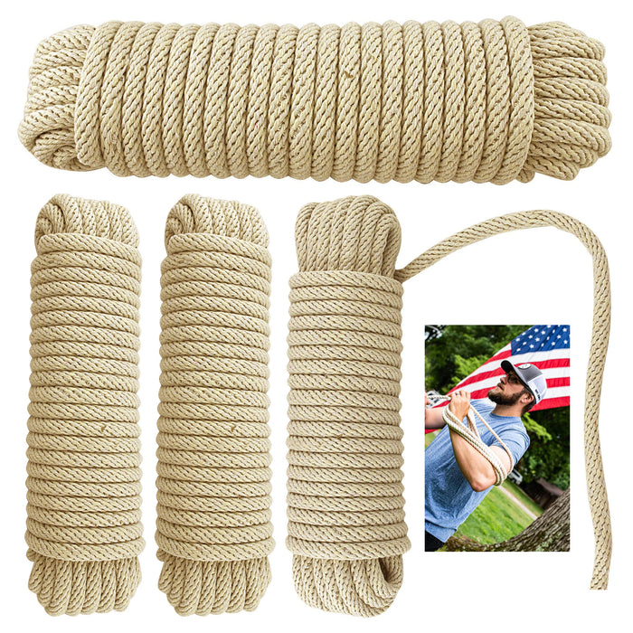 4 Pc 50FT Solid Twisted Cotton Rope 3/8" Thick Strong 150 lbs Load Boat Camping