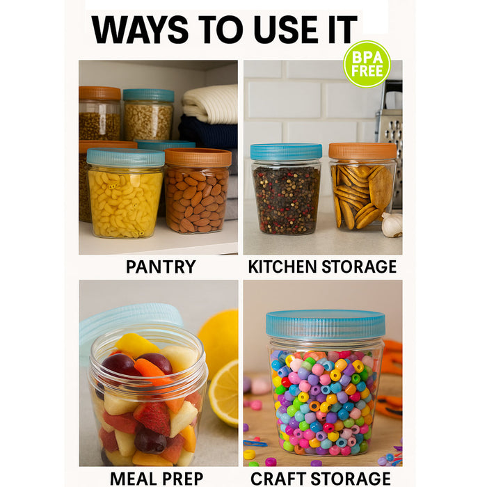8pk BPA Free 400ml Food Storage Jars Clear Plastic Containers Lids Bulk Pantry