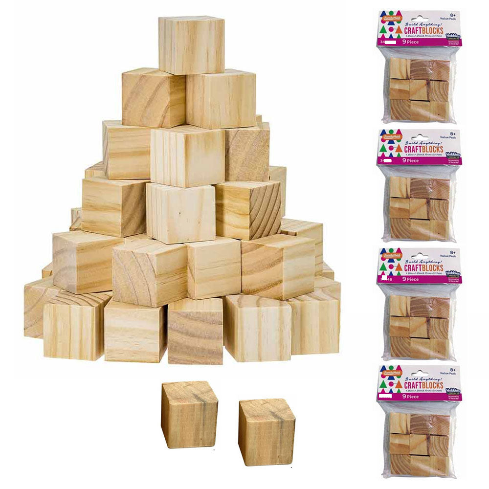 36 Craft Blocks Natural Wooden Cubes Assorted Color Hardwood Square Wood 0.58