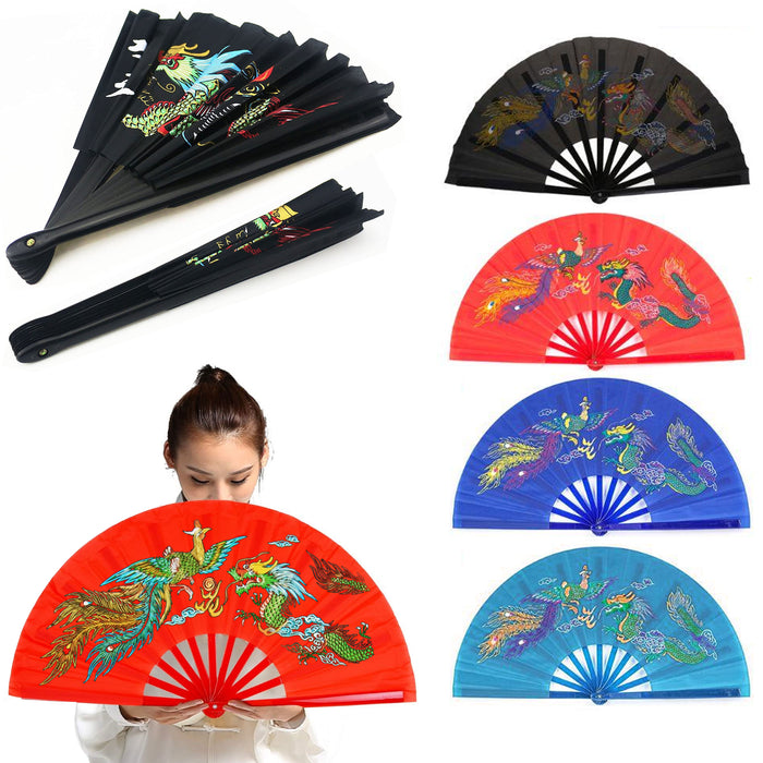 2 Large Folding Hand Held Fan Dance Kung Fu Fighting Thai Chi Nylon Party Gift